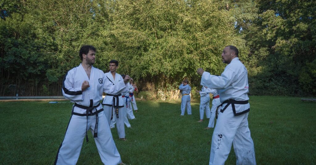Group practicing Taekwondo in a park setting, focusing on martial arts training.
