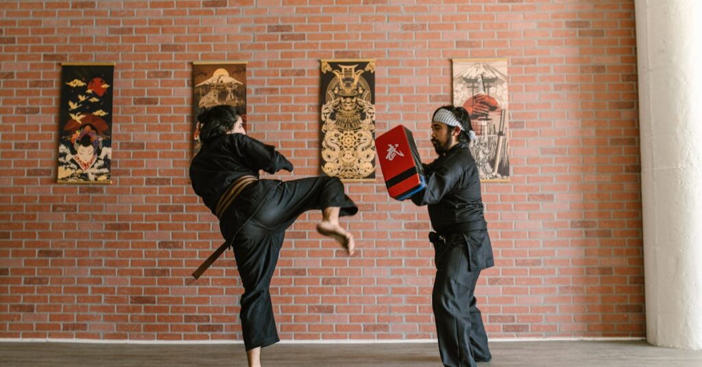 Two martial artists practicing kicks and defense techniques in a dojo setting.