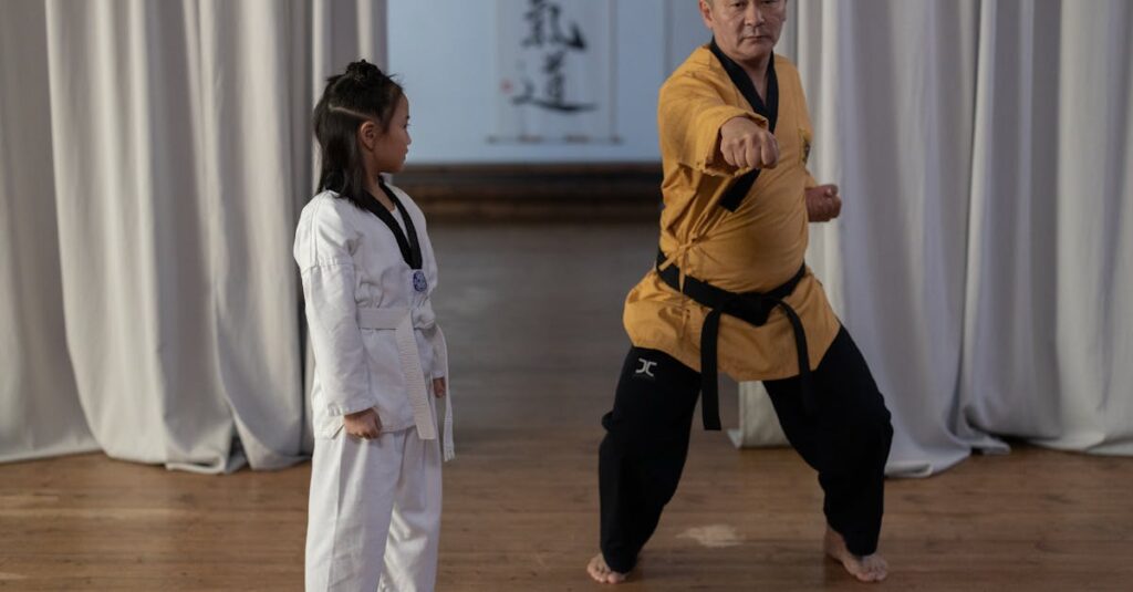 A martial arts instructor teaches a young child karate techniques in a dojo.